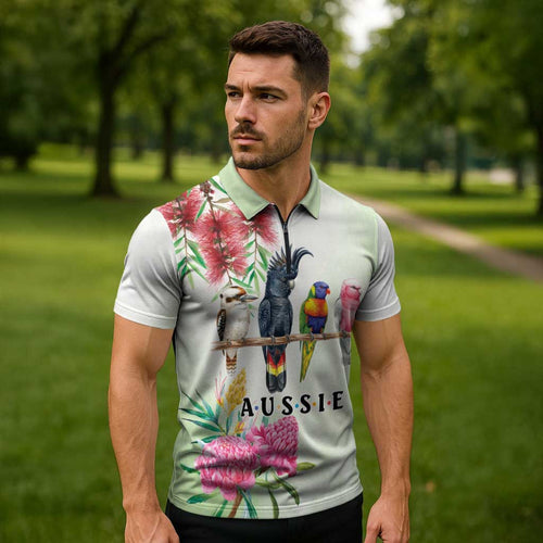 Australian Native Bird Zipper Polo Shirt Kookaburra Cockatoo Rainbow Lorikeet Galah Flowers - Aussie Hoodie