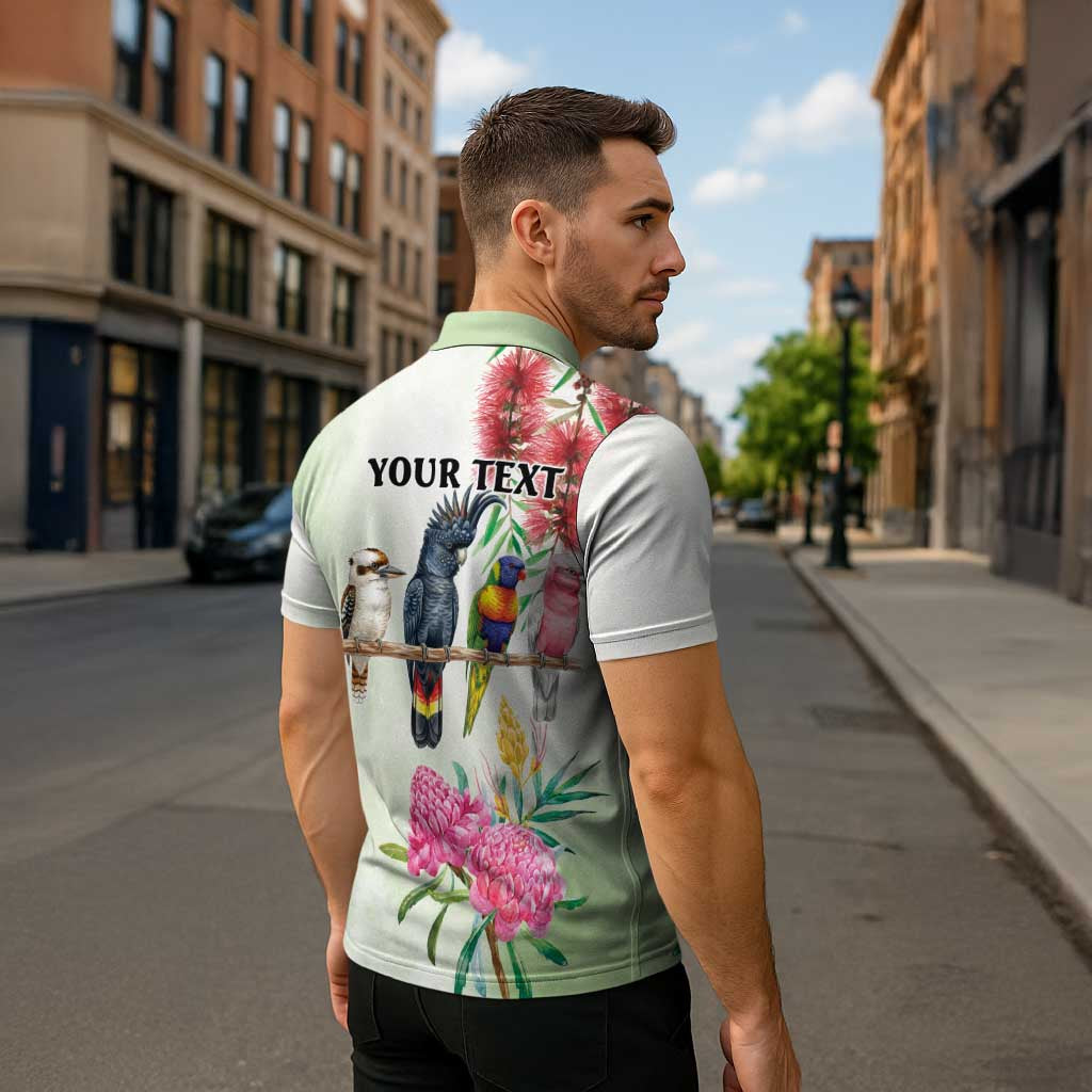 Australian Native Bird Zipper Polo Shirt Kookaburra Cockatoo Rainbow Lorikeet Galah Flowers - Aussie Hoodie