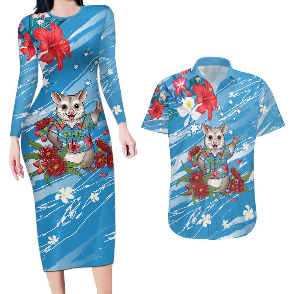 Australian Possum Eucalyptus Blossom Couples Matching Long Sleeve Bodycon Dress and Hawaiian Shirt Christmas Vibe - Aussie Hoodie