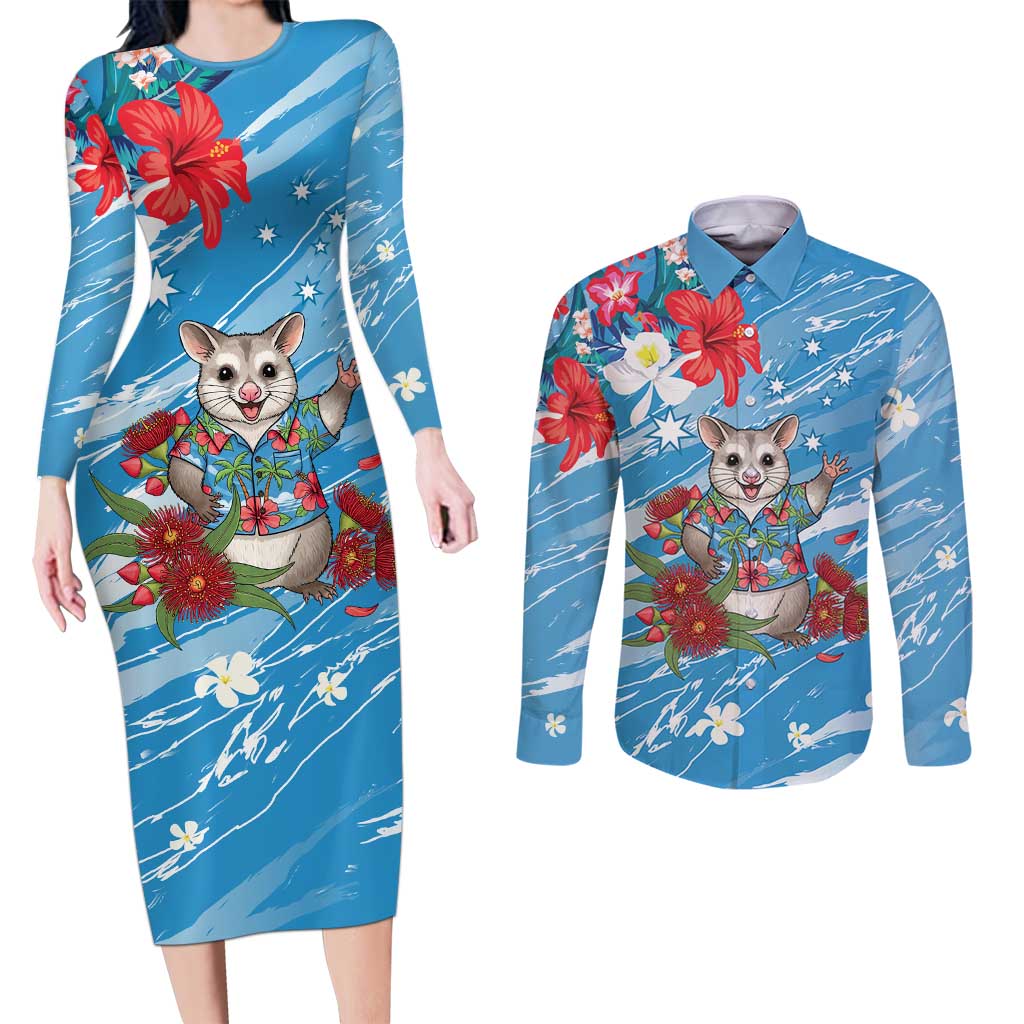 Australian Possum Eucalyptus Blossom Couples Matching Long Sleeve Bodycon Dress and Long Sleeve Button Shirt Christmas Vibe - Aussie Hoodie