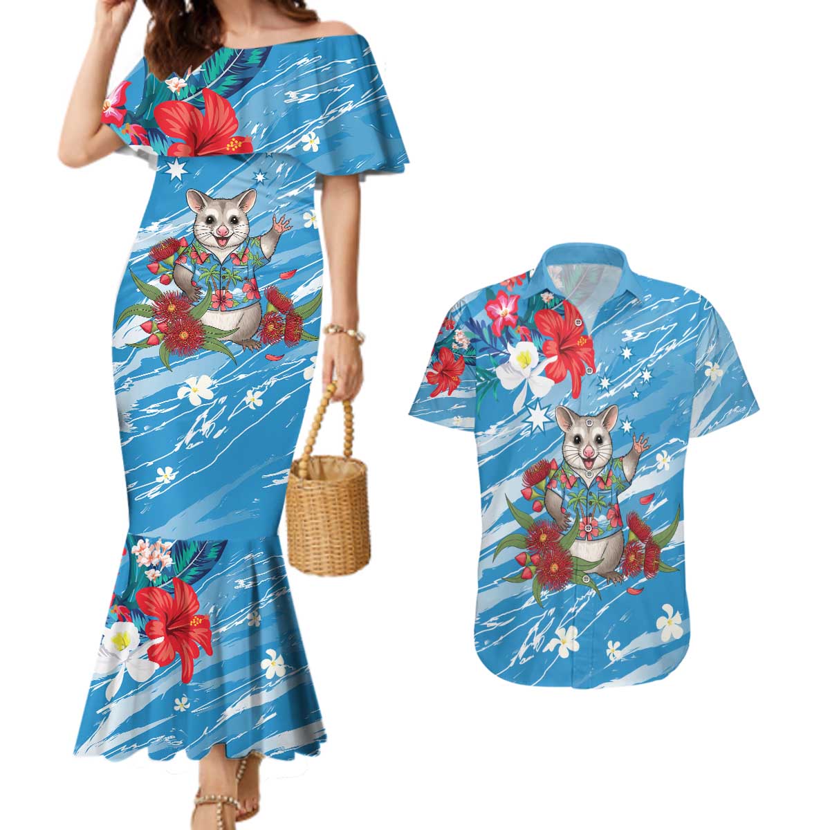 Australian Possum Eucalyptus Blossom Couples Matching Mermaid Dress and Hawaiian Shirt Christmas Vibe - Aussie Hoodie