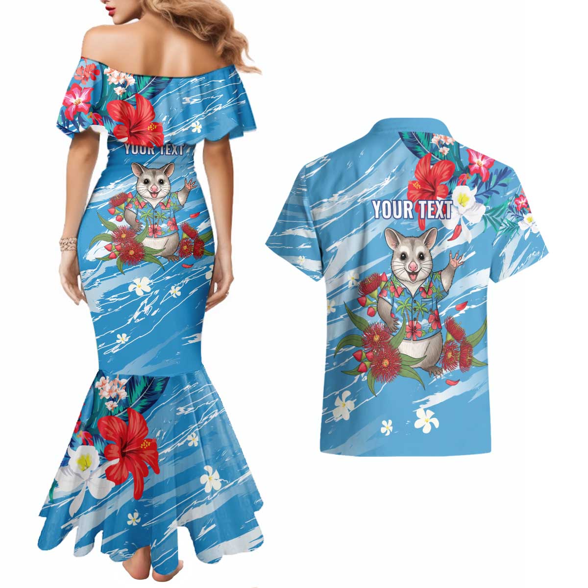 Australian Possum Eucalyptus Blossom Couples Matching Mermaid Dress and Hawaiian Shirt Christmas Vibe - Aussie Hoodie