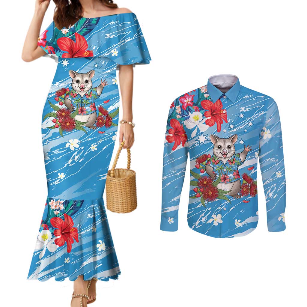 Australian Possum Eucalyptus Blossom Couples Matching Mermaid Dress and Long Sleeve Button Shirt Christmas Vibe - Aussie Hoodie