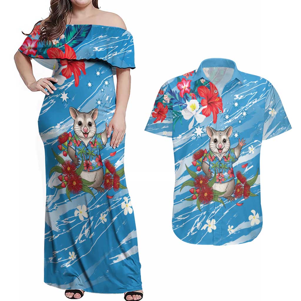 Australian Possum Eucalyptus Blossom Couples Matching Off Shoulder Maxi Dress and Hawaiian Shirt Christmas Vibe - Aussie Hoodie
