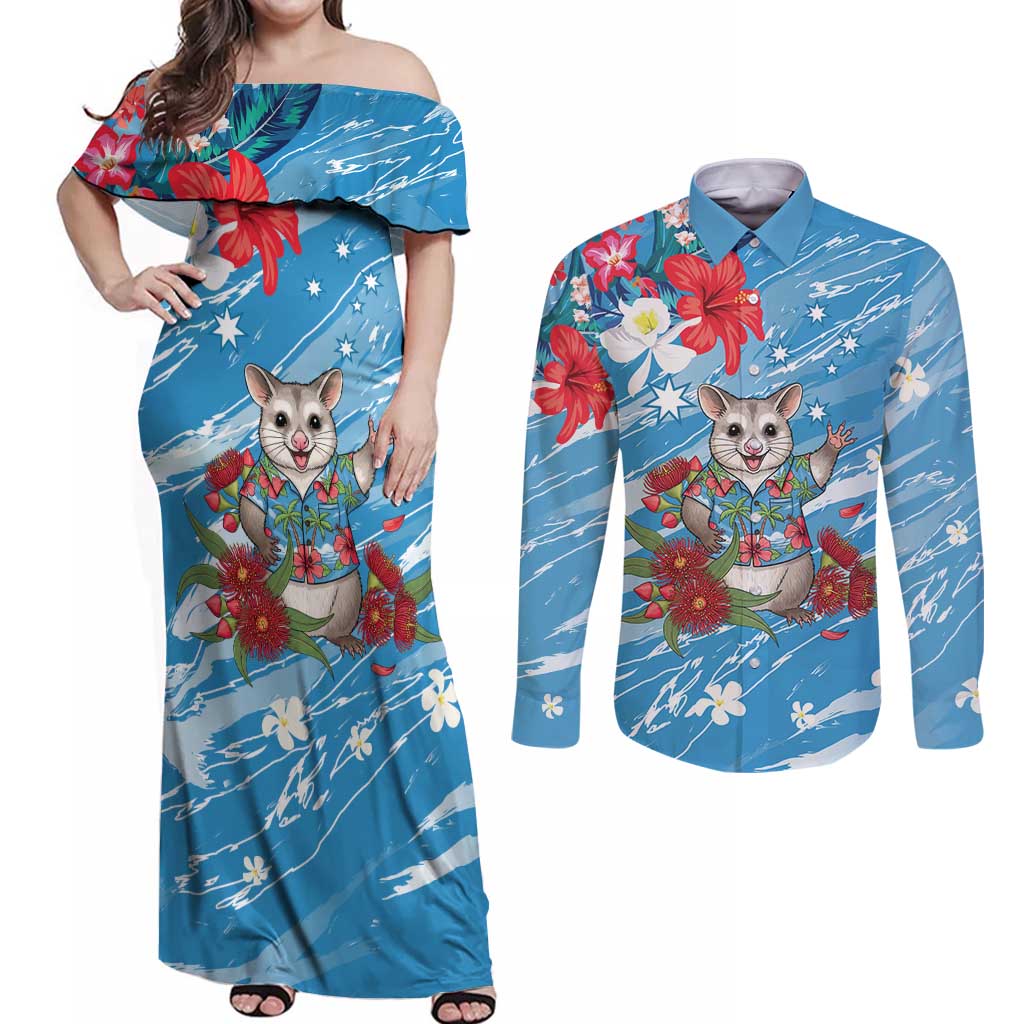 Australian Possum Eucalyptus Blossom Couples Matching Off Shoulder Maxi Dress and Long Sleeve Button Shirt Christmas Vibe - Aussie Hoodie