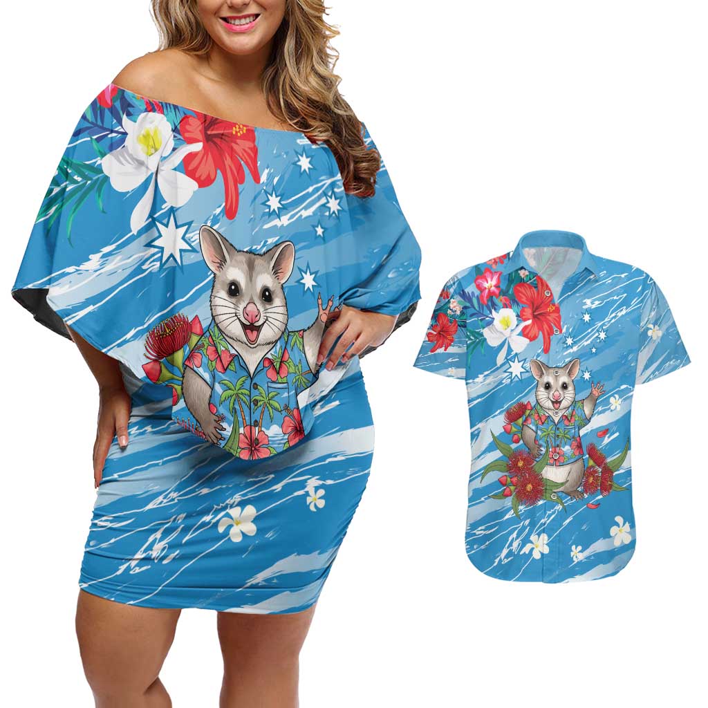 Australian Possum Eucalyptus Blossom Couples Matching Off Shoulder Short Dress and Hawaiian Shirt Christmas Vibe - Aussie Hoodie