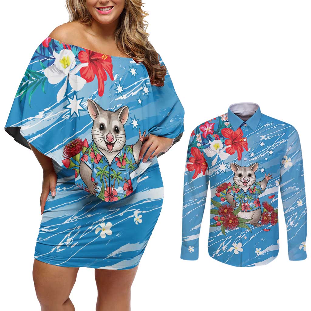 Australian Possum Eucalyptus Blossom Couples Matching Off Shoulder Short Dress and Long Sleeve Button Shirt Christmas Vibe - Aussie Hoodie