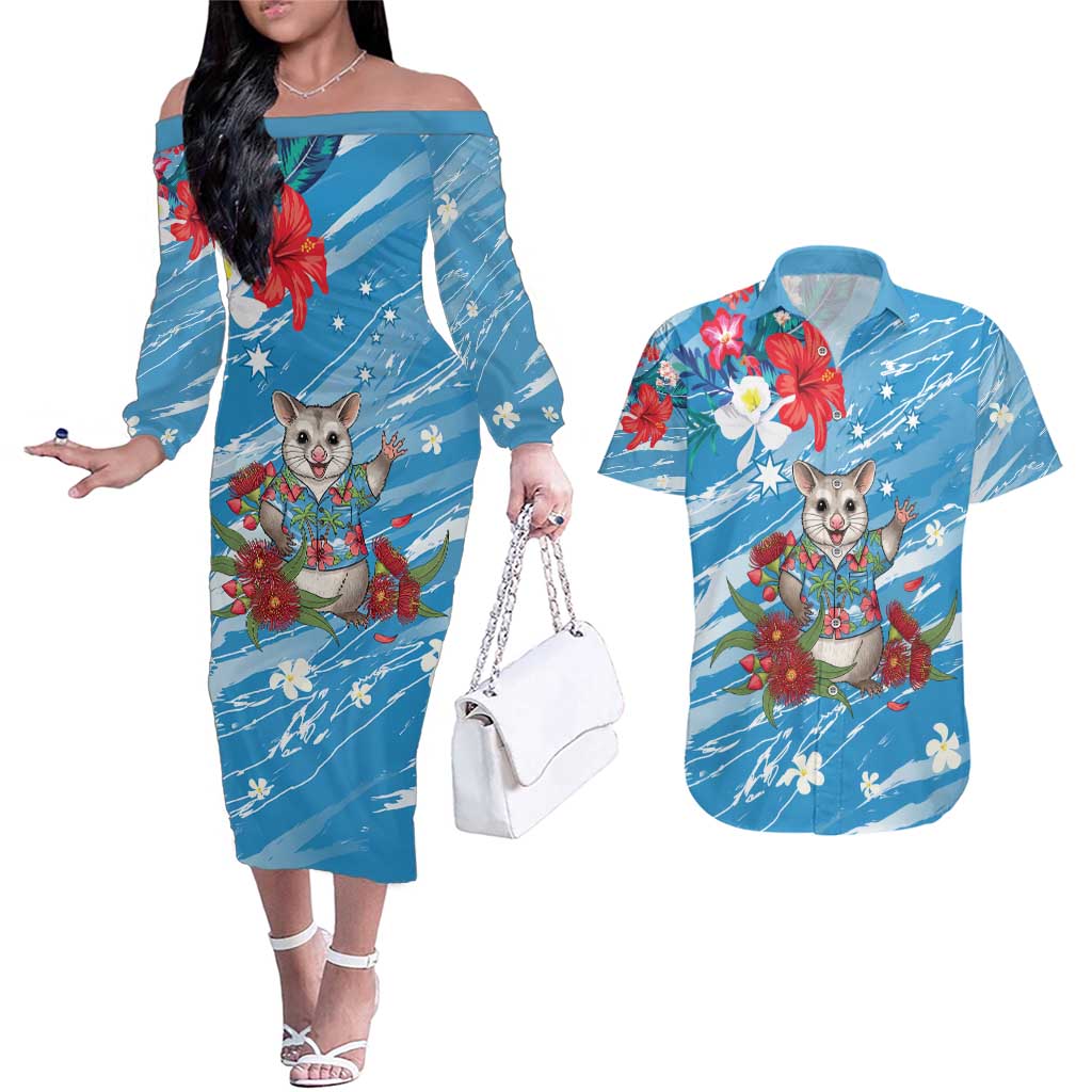 Australian Possum Eucalyptus Blossom Couples Matching Off The Shoulder Long Sleeve Dress and Hawaiian Shirt Christmas Vibe - Aussie Hoodie