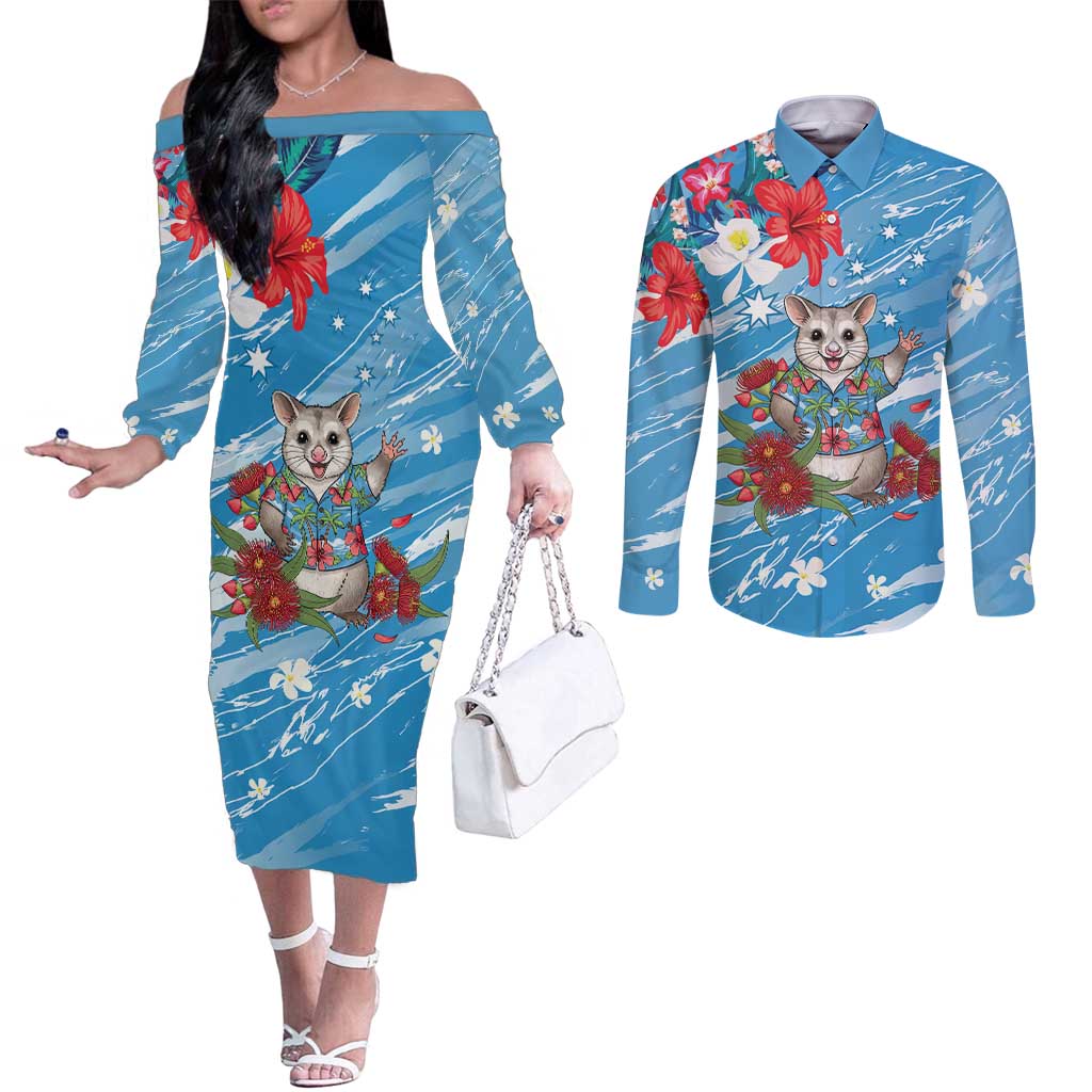 Australian Possum Eucalyptus Blossom Couples Matching Off The Shoulder Long Sleeve Dress and Long Sleeve Button Shirt Christmas Vibe - Aussie Hoodie