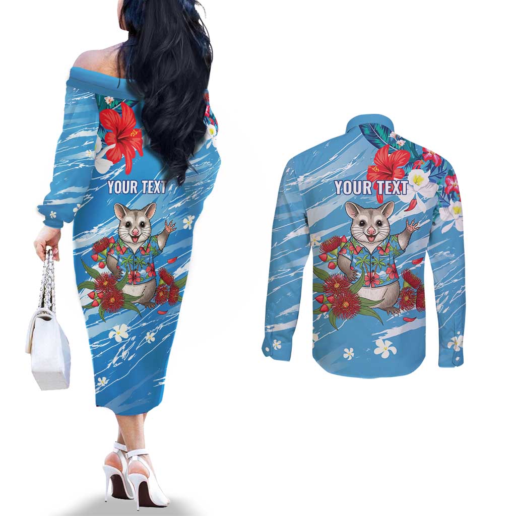 Australian Possum Eucalyptus Blossom Couples Matching Off The Shoulder Long Sleeve Dress and Long Sleeve Button Shirt Christmas Vibe - Aussie Hoodie