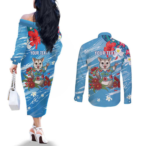 Australian Possum Eucalyptus Blossom Couples Matching Off The Shoulder Long Sleeve Dress and Long Sleeve Button Shirt Christmas Vibe - Aussie Hoodie