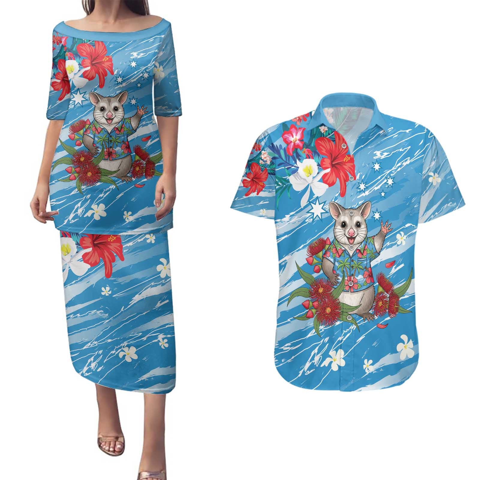 Australian Possum Eucalyptus Blossom Couples Matching Puletasi and Hawaiian Shirt Christmas Vibe - Aussie Hoodie