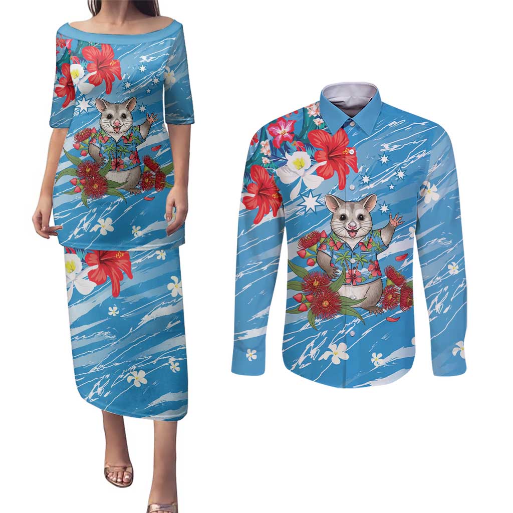 Australian Possum Eucalyptus Blossom Couples Matching Puletasi and Long Sleeve Button Shirt Christmas Vibe - Aussie Hoodie