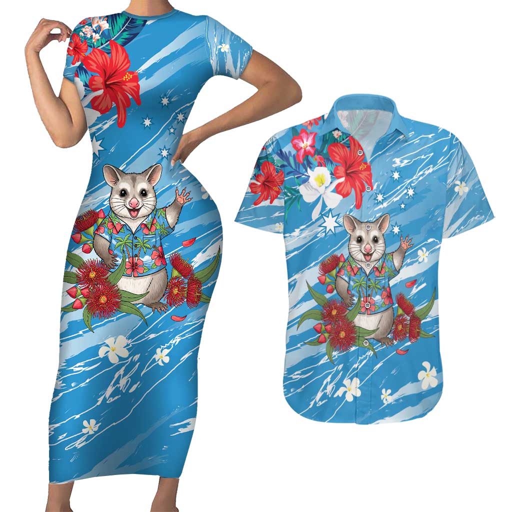 Australian Possum Eucalyptus Blossom Couples Matching Short Sleeve Bodycon Dress and Hawaiian Shirt Christmas Vibe - Aussie Hoodie