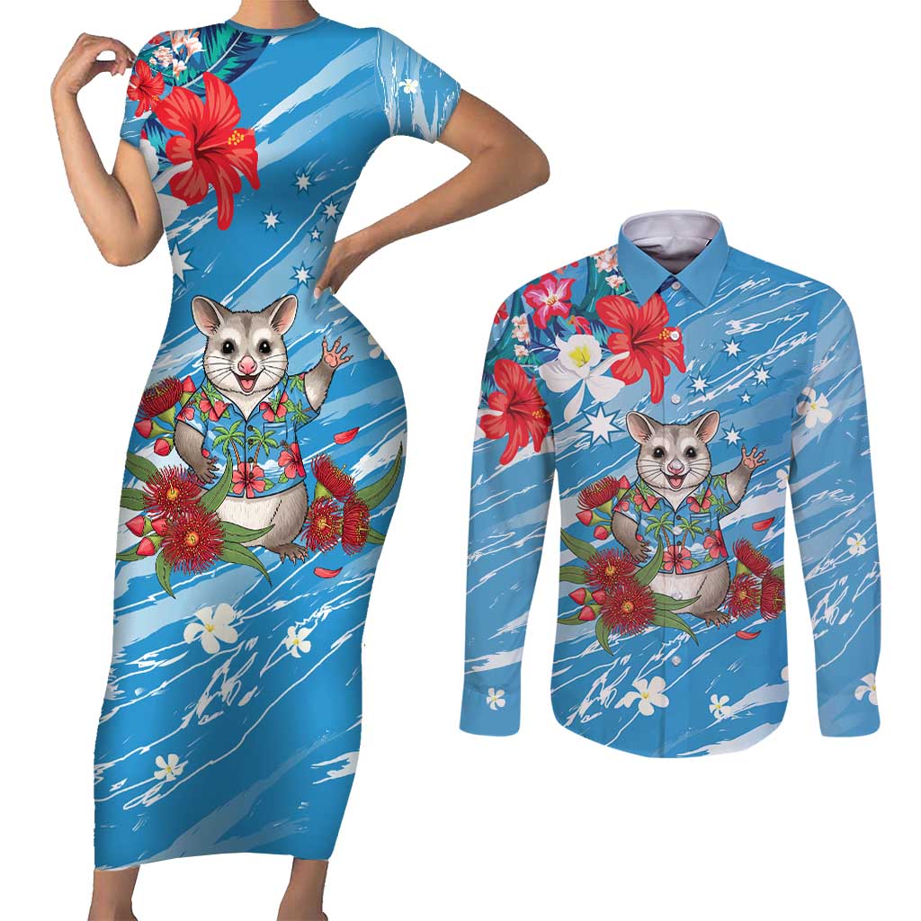 Australian Possum Eucalyptus Blossom Couples Matching Short Sleeve Bodycon Dress and Long Sleeve Button Shirt Christmas Vibe - Aussie Hoodie