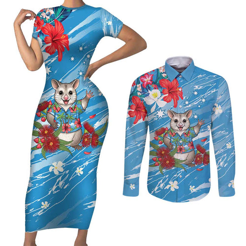 Australian Possum Eucalyptus Blossom Couples Matching Short Sleeve Bodycon Dress and Long Sleeve Button Shirt Christmas Vibe - Aussie Hoodie