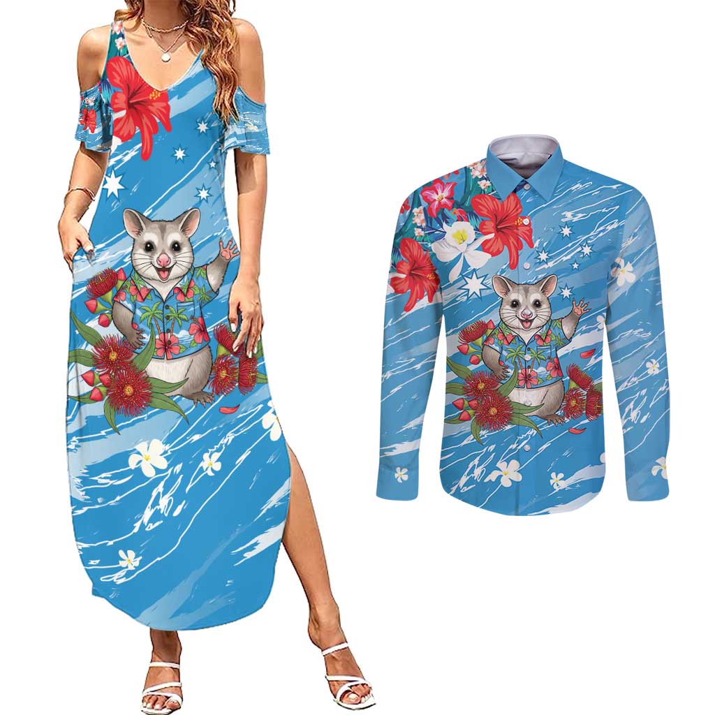 Australian Possum Eucalyptus Blossom Couples Matching Summer Maxi Dress and Long Sleeve Button Shirt Christmas Vibe - Aussie Hoodie