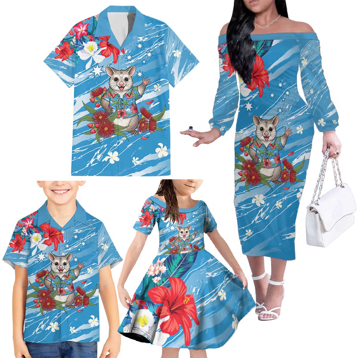 Australian Possum Eucalyptus Blossom Family Matching Off The Shoulder Long Sleeve Dress and Hawaiian Shirt Christmas Vibe - Aussie Hoodie