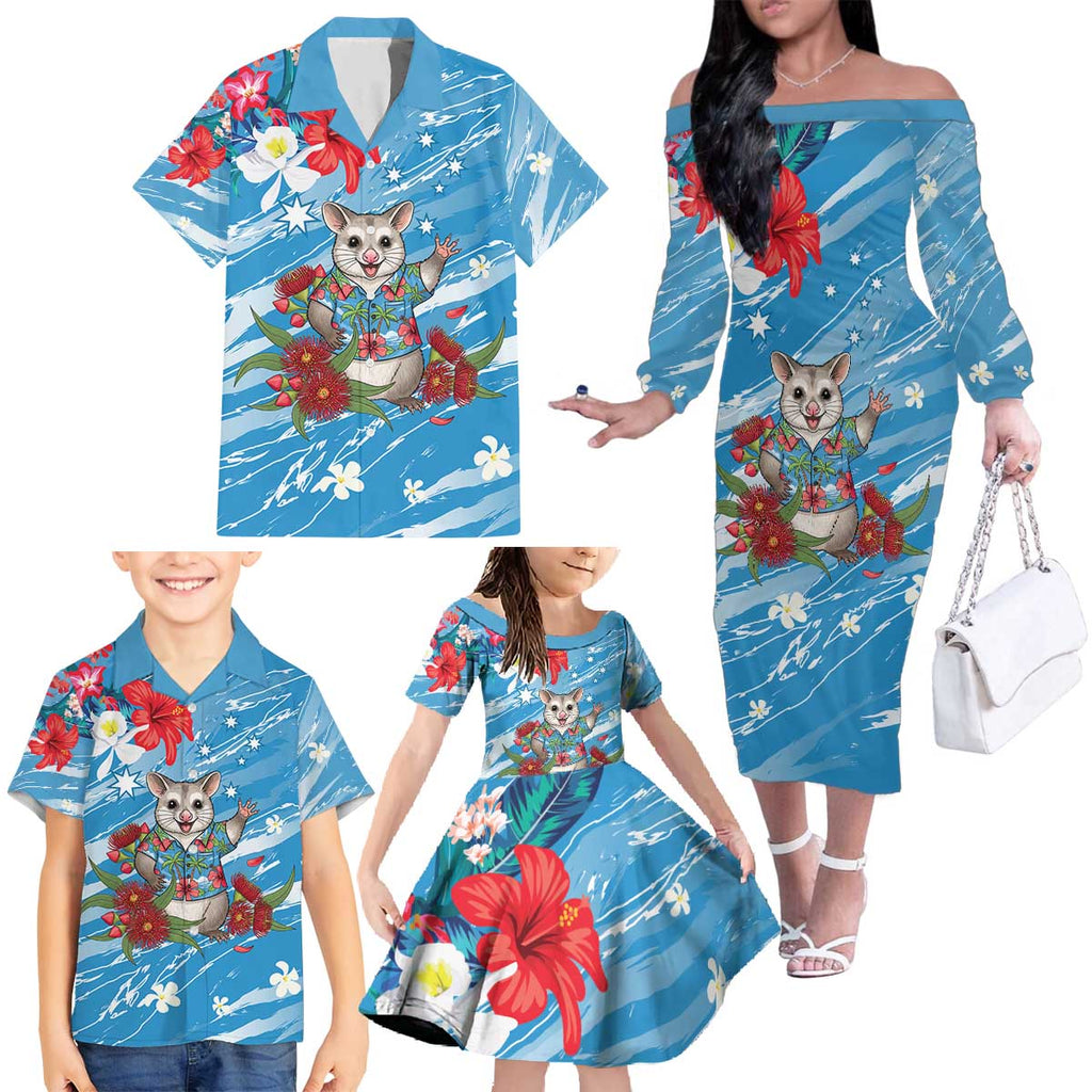 Australian Possum Eucalyptus Blossom Family Matching Off The Shoulder Long Sleeve Dress and Hawaiian Shirt Christmas Vibe - Aussie Hoodie
