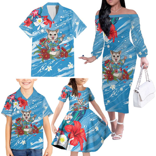 Australian Possum Eucalyptus Blossom Family Matching Off The Shoulder Long Sleeve Dress and Hawaiian Shirt Christmas Vibe - Aussie Hoodie
