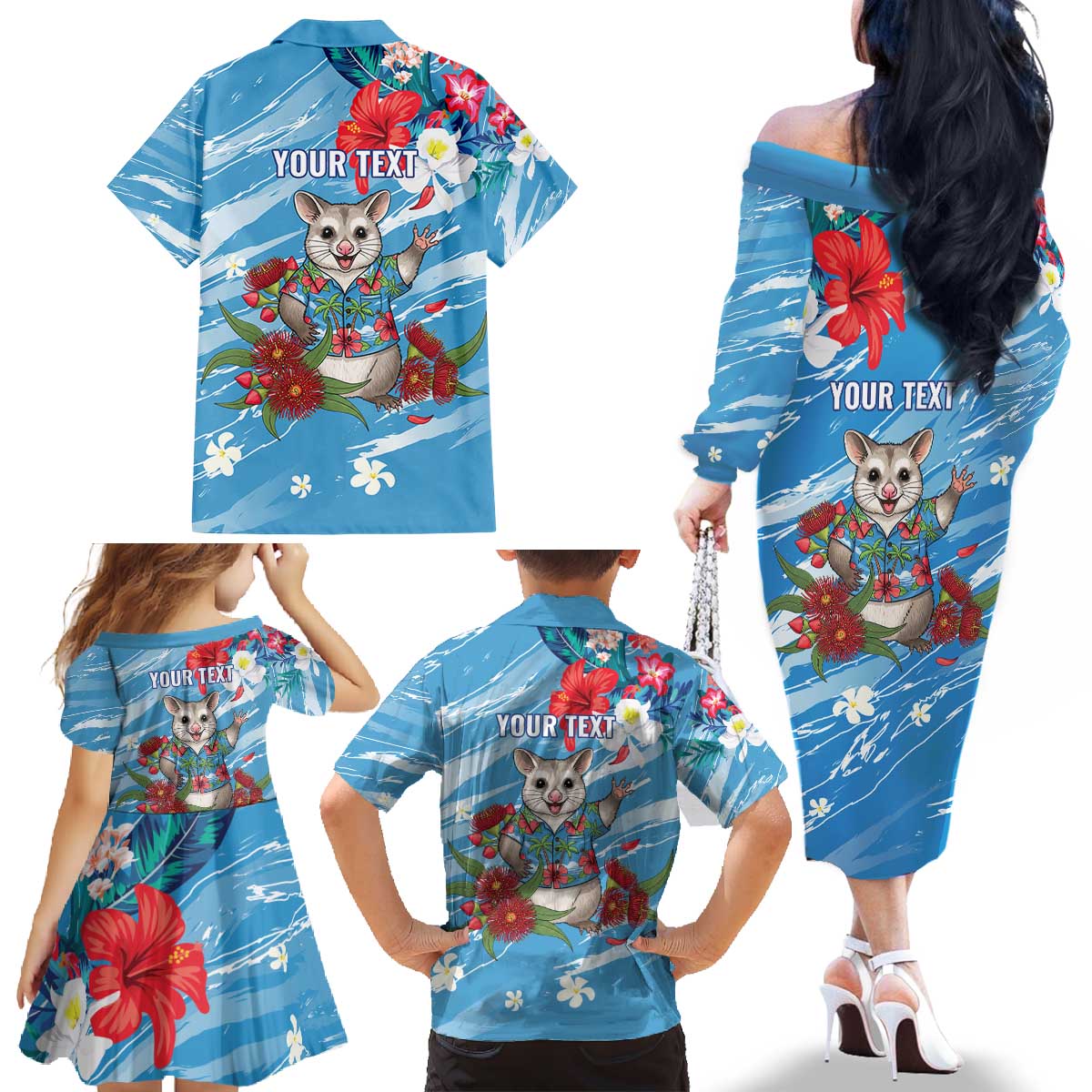 Australian Possum Eucalyptus Blossom Family Matching Off The Shoulder Long Sleeve Dress and Hawaiian Shirt Christmas Vibe - Aussie Hoodie