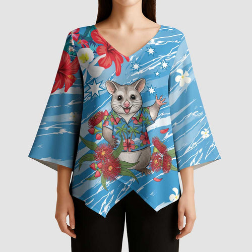 Australian Possum Eucalyptus Blossom Kimono Sleeve Blouse Christmas Vibe - Aussie Hoodie