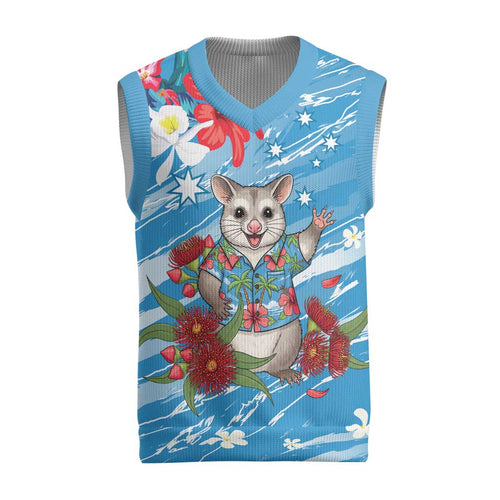 Australian Possum Eucalyptus Blossom Christmas Knitted V-Neck Vest Christmas Vibe - Aussie Hoodie