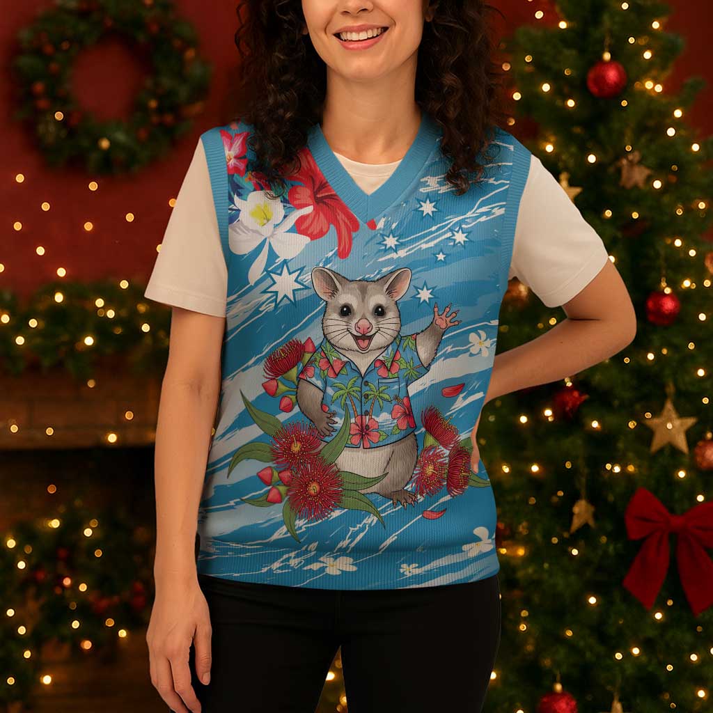 Australian Possum Eucalyptus Blossom Christmas Knitted V-Neck Vest Christmas Vibe - Aussie Hoodie
