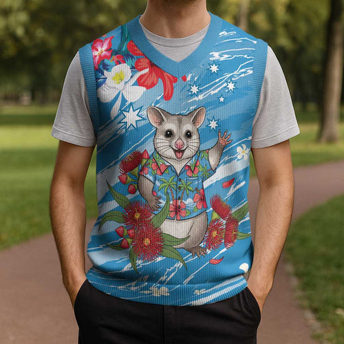 Australian Possum Eucalyptus Blossom Christmas Knitted V-Neck Vest Christmas Vibe - Aussie Hoodie