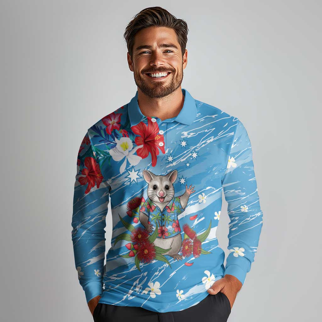 Australian Possum Eucalyptus Blossom Long Sleeve Polo Shirt Christmas Vibe - Aussie Hoodie