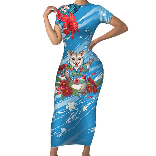 Australian Possum Eucalyptus Blossom Short Sleeve Bodycon Dress Christmas Vibe - Aussie Hoodie