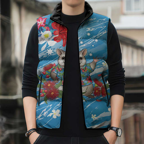 Australian Possum Eucalyptus Blossom Sleeveless Puffer Jacket Christmas Vibe - Aussie Hoodie