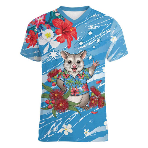 Australian Possum Eucalyptus Blossom Women V-Neck T-Shirt Christmas Vibe - Aussie Hoodie