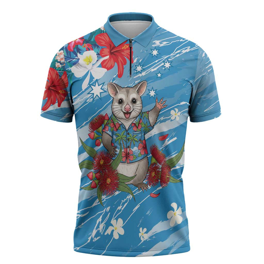 Australian Possum Eucalyptus Blossom Zipper Polo Shirt Christmas Vibe - Aussie Hoodie