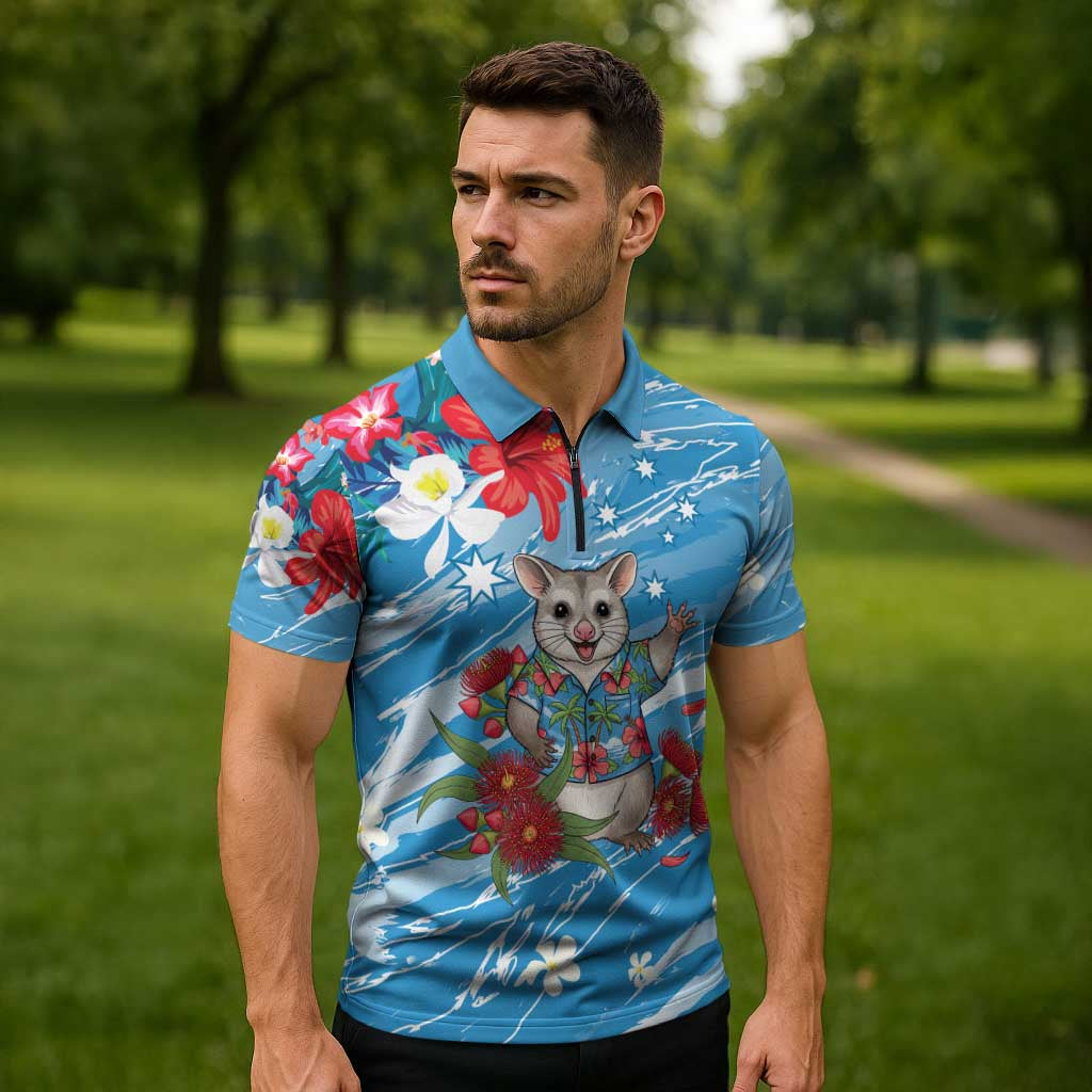 Australian Possum Eucalyptus Blossom Zipper Polo Shirt Christmas Vibe - Aussie Hoodie