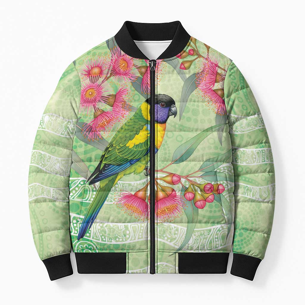 Australian Rainbow Lorikeet and Eucalyptus Bomber Puffer Jacket Spirit of Aussie Aboriginal Dot Art - Aussie Hoodie