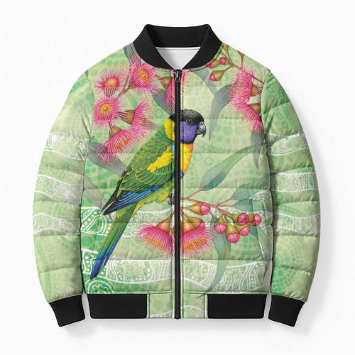 Australian Rainbow Lorikeet and Eucalyptus Bomber Puffer Jacket Spirit of Aussie Aboriginal Dot Art - Aussie Hoodie