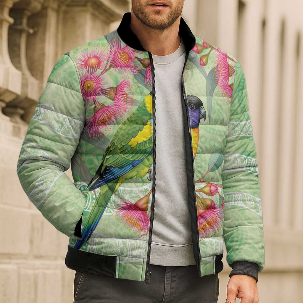 Australian Rainbow Lorikeet and Eucalyptus Bomber Puffer Jacket Spirit of Aussie Aboriginal Dot Art - Aussie Hoodie