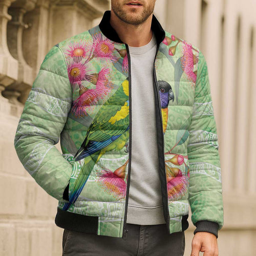 Australian Rainbow Lorikeet and Eucalyptus Bomber Puffer Jacket Spirit of Aussie Aboriginal Dot Art - Aussie Hoodie