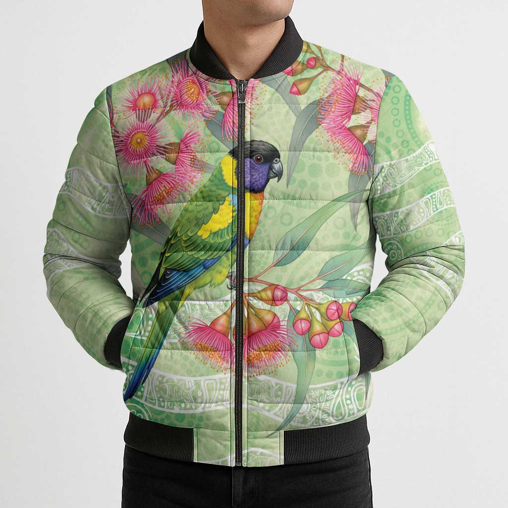 Australian Rainbow Lorikeet and Eucalyptus Bomber Puffer Jacket Spirit of Aussie Aboriginal Dot Art - Aussie Hoodie
