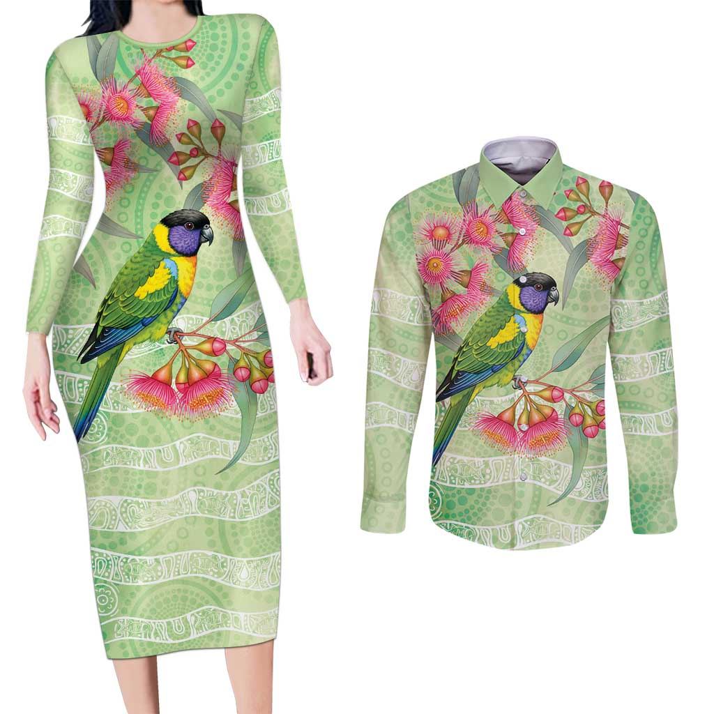 Australian Rainbow Lorikeet and Eucalyptus Couples Matching Long Sleeve Bodycon Dress and Long Sleeve Button Shirt Spirit of Aussie Aboriginal Dot Art - Aussie Hoodie