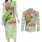 Australian Rainbow Lorikeet and Eucalyptus Couples Matching Long Sleeve Bodycon Dress and Long Sleeve Button Shirt Spirit of Aussie Aboriginal Dot Art - Aussie Hoodie