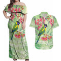 Australian Rainbow Lorikeet and Eucalyptus Couples Matching Off Shoulder Maxi Dress and Hawaiian Shirt Spirit of Aussie Aboriginal Dot Art - Aussie Hoodie
