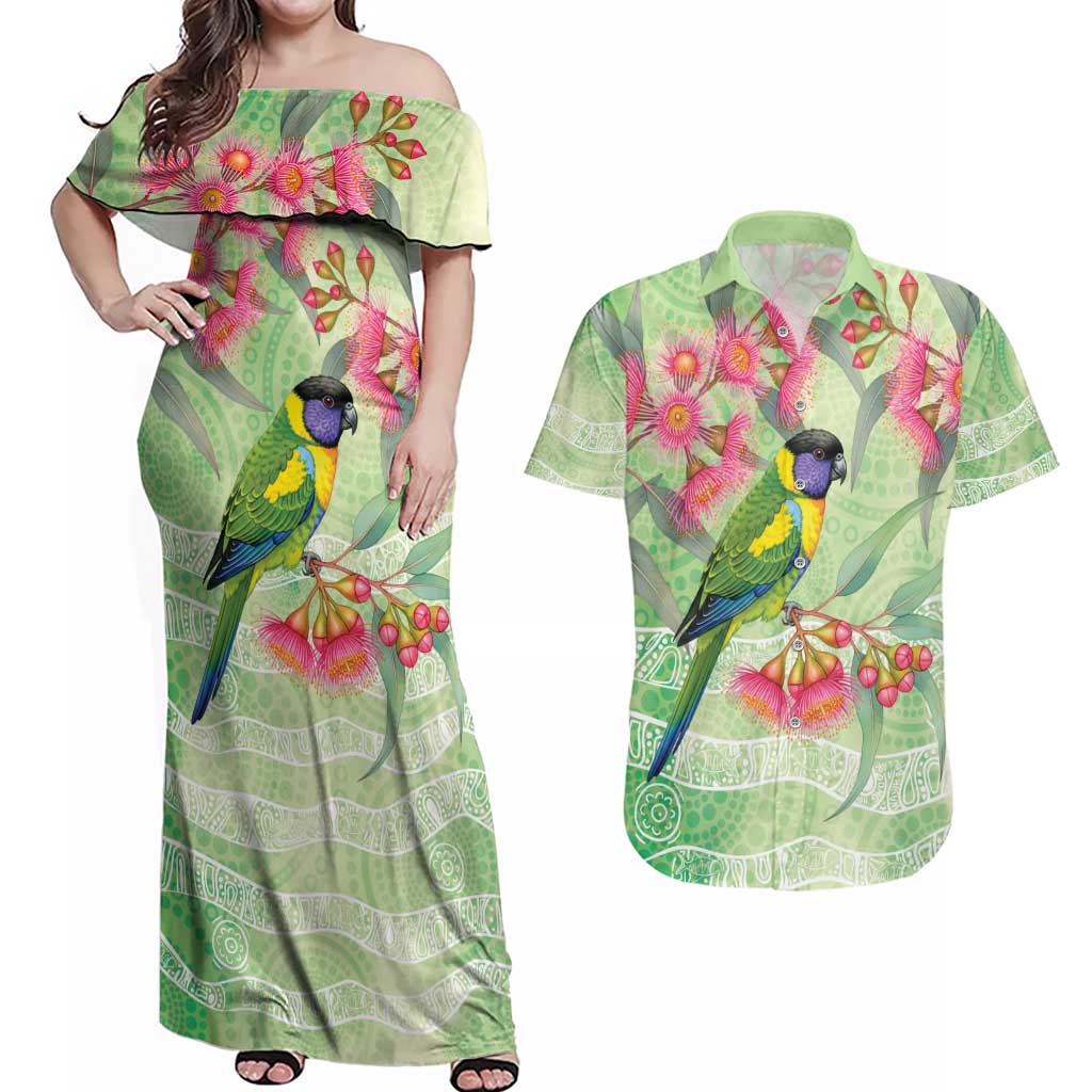 Australian Rainbow Lorikeet and Eucalyptus Couples Matching Off Shoulder Maxi Dress and Hawaiian Shirt Spirit of Aussie Aboriginal Dot Art - Aussie Hoodie