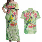 Australian Rainbow Lorikeet and Eucalyptus Couples Matching Off Shoulder Maxi Dress and Hawaiian Shirt Spirit of Aussie Aboriginal Dot Art - Aussie Hoodie