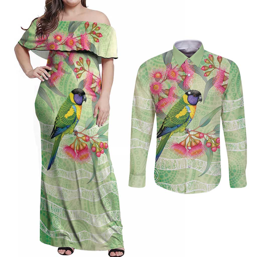 Australian Rainbow Lorikeet and Eucalyptus Couples Matching Off Shoulder Maxi Dress and Long Sleeve Button Shirt Spirit of Aussie Aboriginal Dot Art - Aussie Hoodie