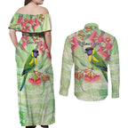 Australian Rainbow Lorikeet and Eucalyptus Couples Matching Off Shoulder Maxi Dress and Long Sleeve Button Shirt Spirit of Aussie Aboriginal Dot Art - Aussie Hoodie