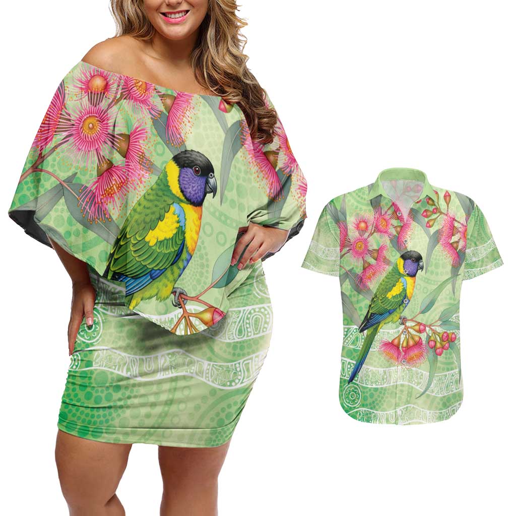 Australian Rainbow Lorikeet and Eucalyptus Couples Matching Off Shoulder Short Dress and Hawaiian Shirt Spirit of Aussie Aboriginal Dot Art - Aussie Hoodie