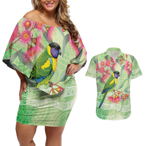 Australian Rainbow Lorikeet and Eucalyptus Couples Matching Off Shoulder Short Dress and Hawaiian Shirt Spirit of Aussie Aboriginal Dot Art - Aussie Hoodie