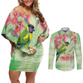 Australian Rainbow Lorikeet and Eucalyptus Couples Matching Off Shoulder Short Dress and Long Sleeve Button Shirt Spirit of Aussie Aboriginal Dot Art - Aussie Hoodie
